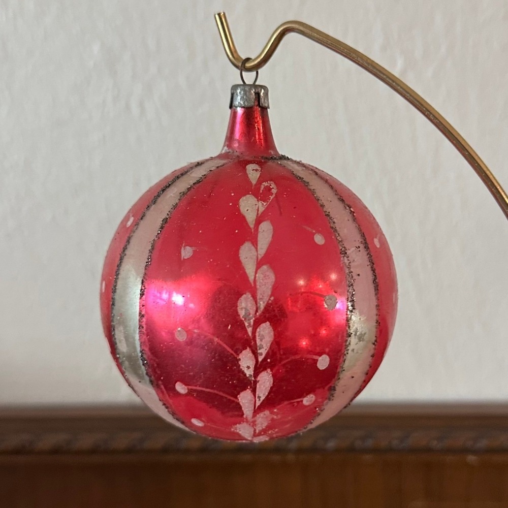 Vintage Polish Glass Christmas Ornament Pink Hand Painted Mica Floral 4 inch